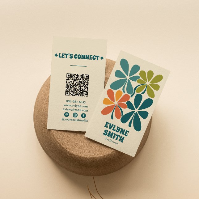 Tarjeta De Visita Naranja retro verde QR Código Boho Floral Único (Subido por el creador)