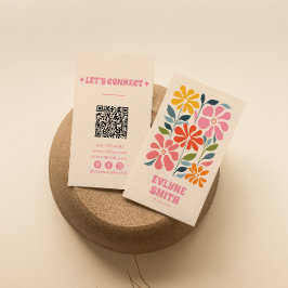 Tarjeta De Visita Naranja rosa retro Código QR Groovy Floral Girly B