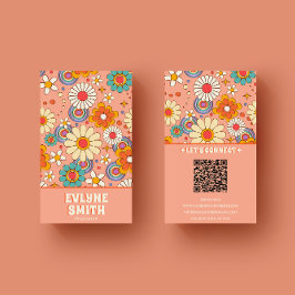 Tarjeta De Visita Naranja rosa retro Código QR Groovy moda floral