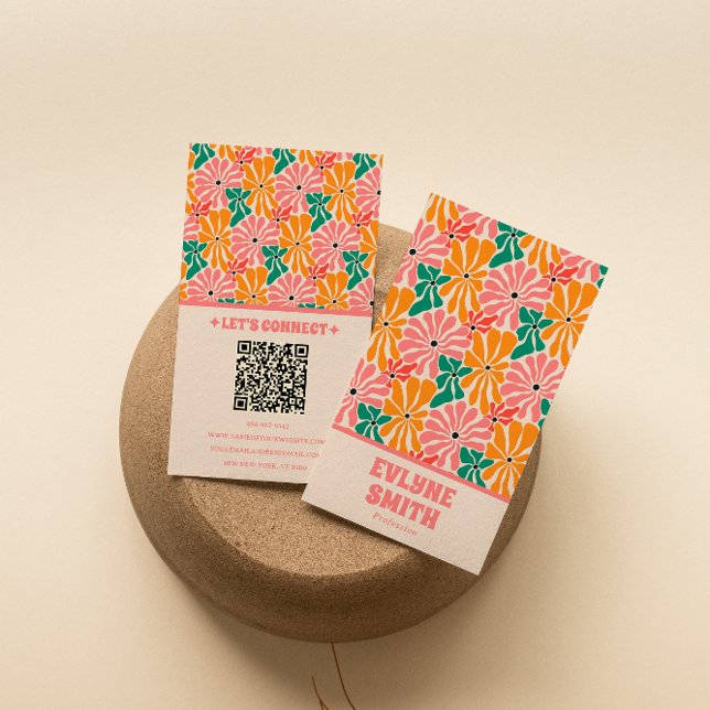 Tarjeta De Visita Naranja rosa retro Código QR Groovy moda floral (Subido por el creador)