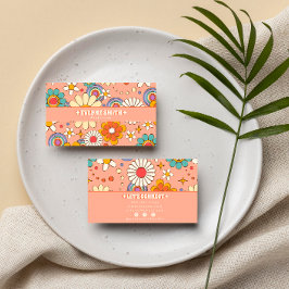 Tarjeta De Visita Naranja Rosa Retro Groovy Floral Boho Girly Trendy