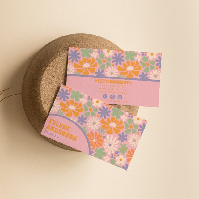 Tarjeta De Visita Naranja Rosa Retro Groovy Floral Boho Girly Trendy (Subido por el creador)