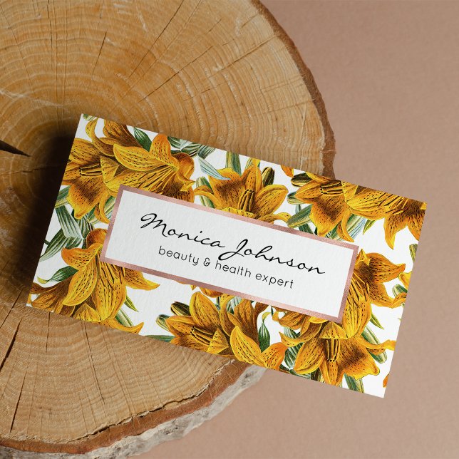 Tarjeta De Visita Naranja rústico botánico lirio verde floral de mod (Botanical rustic orange green lily trendy floral)
