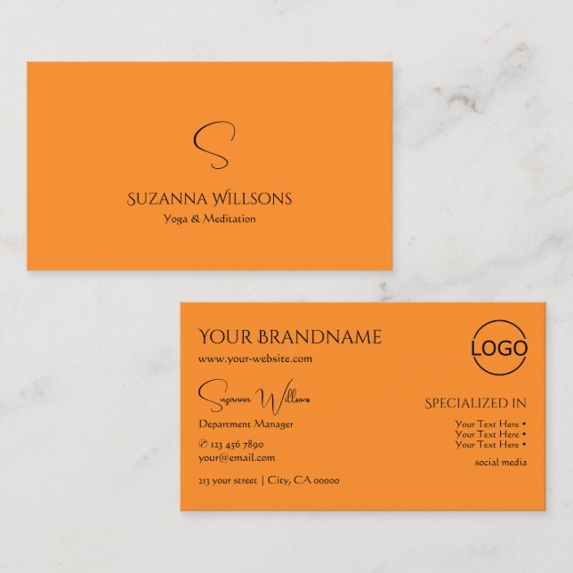 Tarjeta De Visita Naranja sencillo y elegante con monograma y logoti (Anverso / Reverso)