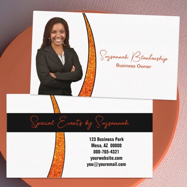 Tarjeta De Visita Naranja Sliver de Faux Purpurina Professional Phot (business card front and back )