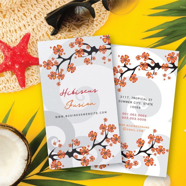 Tarjeta De Visita Naranja Tropical Hibiscus Flower Fusion Swirls (Tropical Orange Hibiscus Flower Fusion Grey Swirls Business Card @ fat_fa_tin)