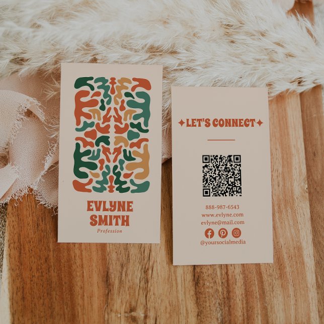 Tarjeta De Visita Naranja Verde Retro Código QR Boho Floral Groovy (Subido por el creador)