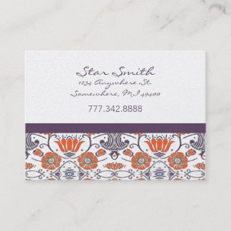 Tarjeta De Visita Naranja vintage y patrón floral morado