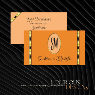 Tarjeta De Visita Naranja y Peach Modern con bandas de oro monogramo