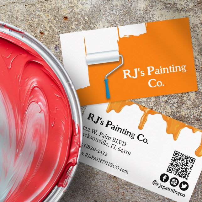 Tarjeta De Visita Naranja y pintura blanca Paint Drin Profesional Pa (Professional Painter Business Cards White with Orange Paint Drips, Paint Roller, and QR Code)