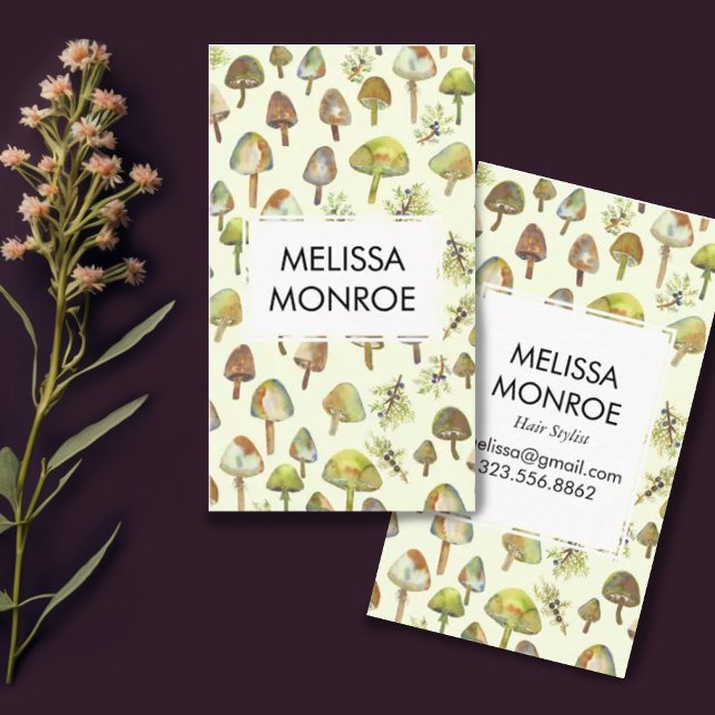 Tarjeta De Visita Naturaleza de los hongos botánicos del bosque acuá (Watercolor mushrooms pattern on this customizable business card)