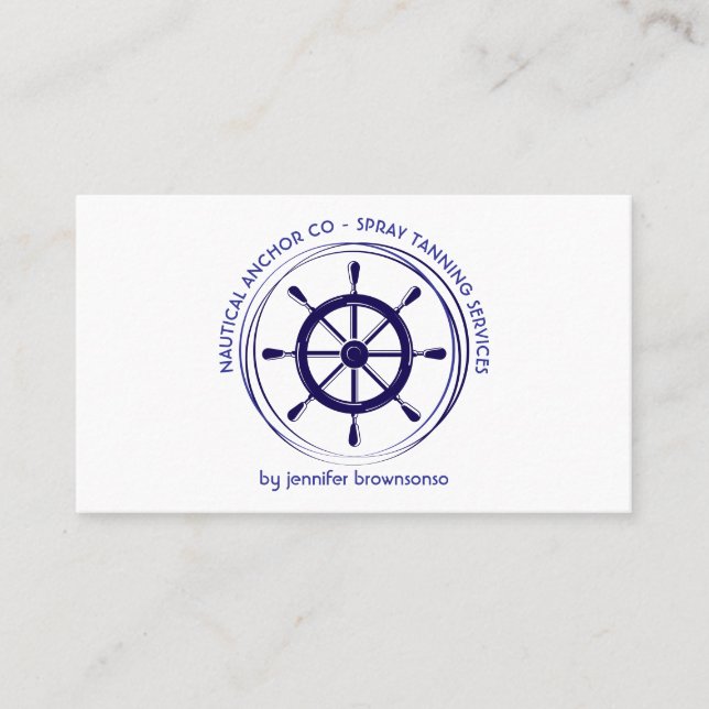 Tarjeta De Visita Nautical Ship Wheel azul marino (Anverso)