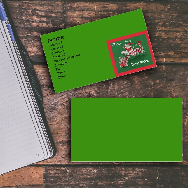 Tarjeta De Visita Navidades de Tren de Santa Claus Candy (Santa Claus on red white Christmas train with letters candy on green business cards.)