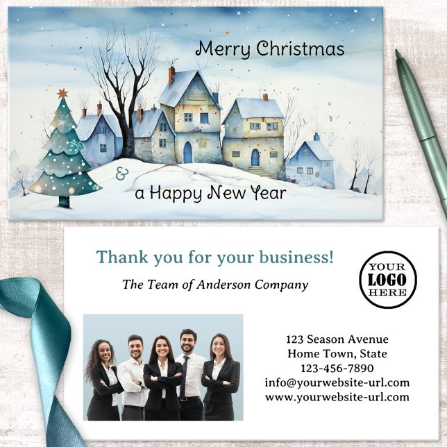 Tarjeta De Visita Navidades Feriados Foto Gracias (Business card featuring a whimsical design of a winter landscape with Christmas tree - logo - photo)