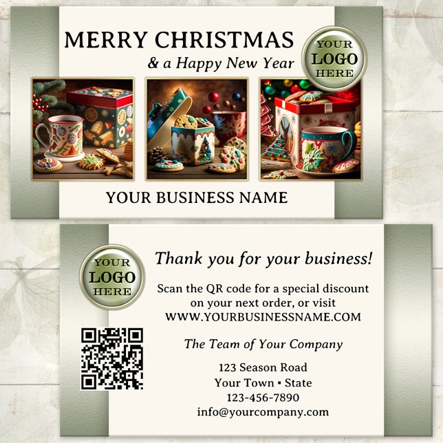 Tarjeta De Visita Navidades Foto Gracias Por Su Negocio (Green ivory photo Christmas Holidays Thank You business card with logo and QR code templates)