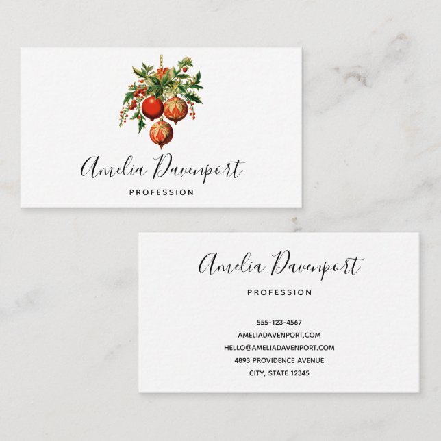 Tarjeta De Visita Navidades rojos baubles con fiesta holly (Anverso / Reverso)
