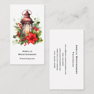 Tarjeta De Visita Navidades rojos Lantern Poinsettia y Pine