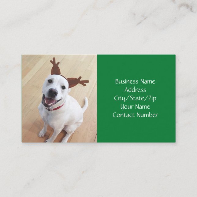 Tarjeta De Visita Navidades verdes de perros de renos blancos sonrie (Anverso)