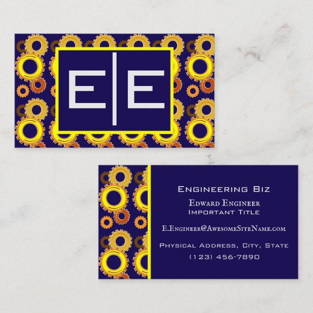 Tarjeta De Visita Navy Blue and Gold Engineering Gears (Anverso / Reverso)