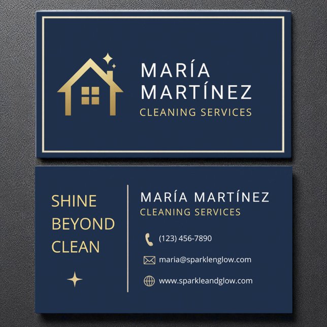 Tarjeta De Visita Navy Blue and Gold House Cleaning Services (Subido por el creador)
