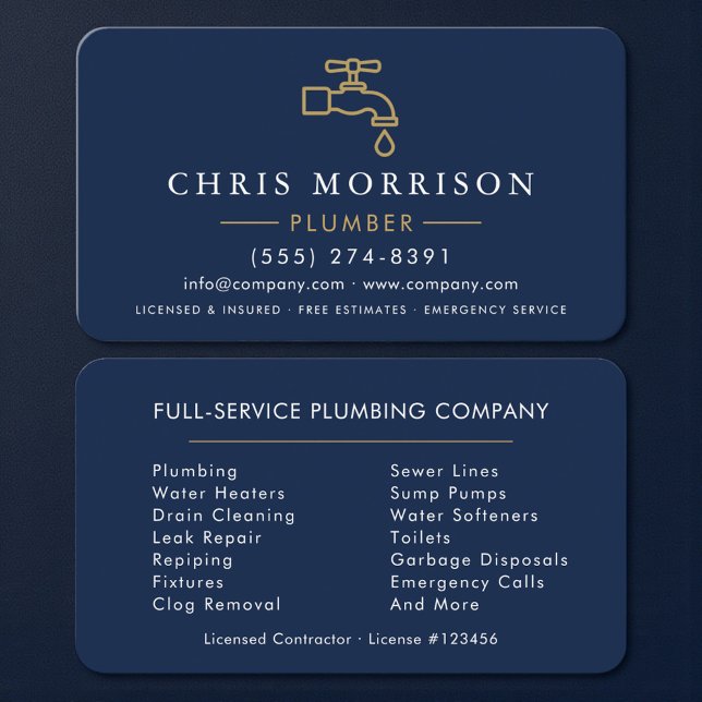 Tarjeta De Visita Navy Blue and Gold Modern Plumbing (Subido por el creador)