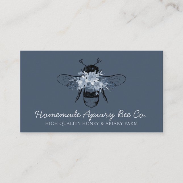 Tarjeta De Visita Navy Blue Classy Heart Floral Apiary Apiary Bee (Anverso)