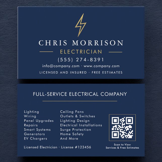 Tarjeta De Visita Navy Blue Electrician QR Code Modern (Subido por el creador)