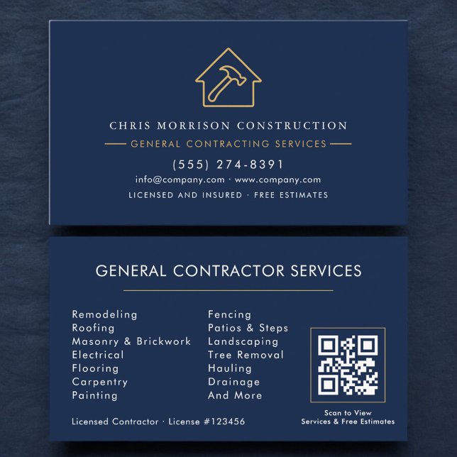 Tarjeta De Visita Navy Blue General Contractor QR Code (Subido por el creador)