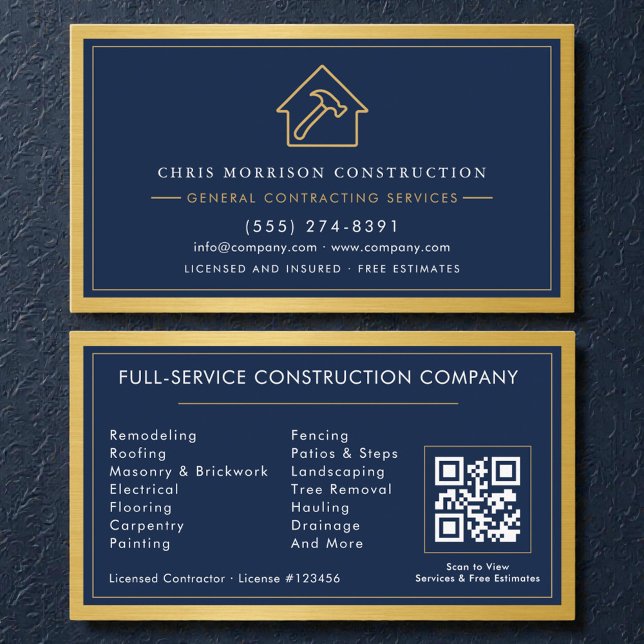 Tarjeta De Visita Navy Blue General Contractor QR Code Gold Metallic (Subido por el creador)