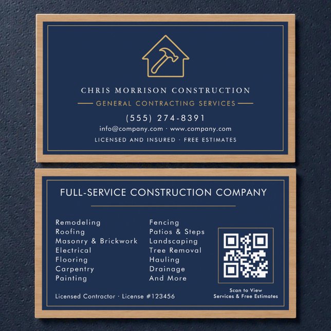 Tarjeta De Visita Navy Blue General Contractor QR Code Wood  (Subido por el creador)