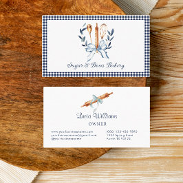 Tarjeta De Visita Navy Blue Gingham Coquette Bow Utensils Bakery