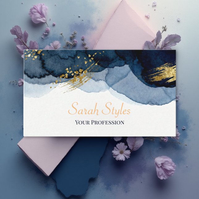 Tarjeta De Visita Navy Blue & Gold Abstract Watercolor  (Subido por el creador)