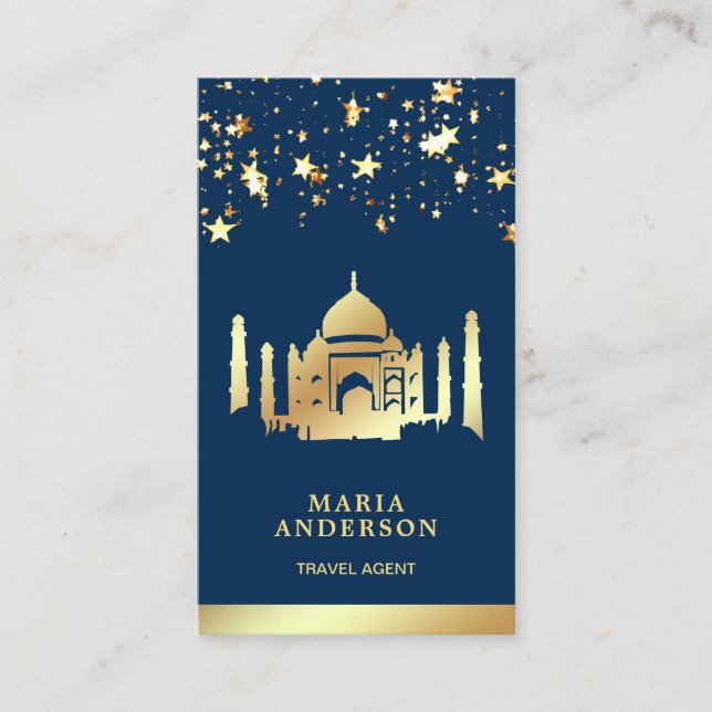 Tarjeta De Visita Navy Blue Gold Confetti Taj Mahal Travel Agent (Anverso)
