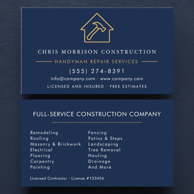 Tarjeta De Visita Navy Blue Gold Handyman Construction  (Subido por el creador)