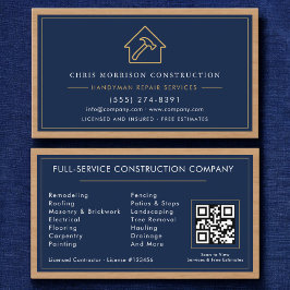 Tarjeta De Visita Navy Blue Gold Handyman Wood QR Code Construction