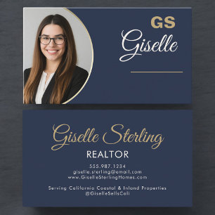 Tarjeta De Visita Navy Blue Gold Photo Monogram Luxor Realtor