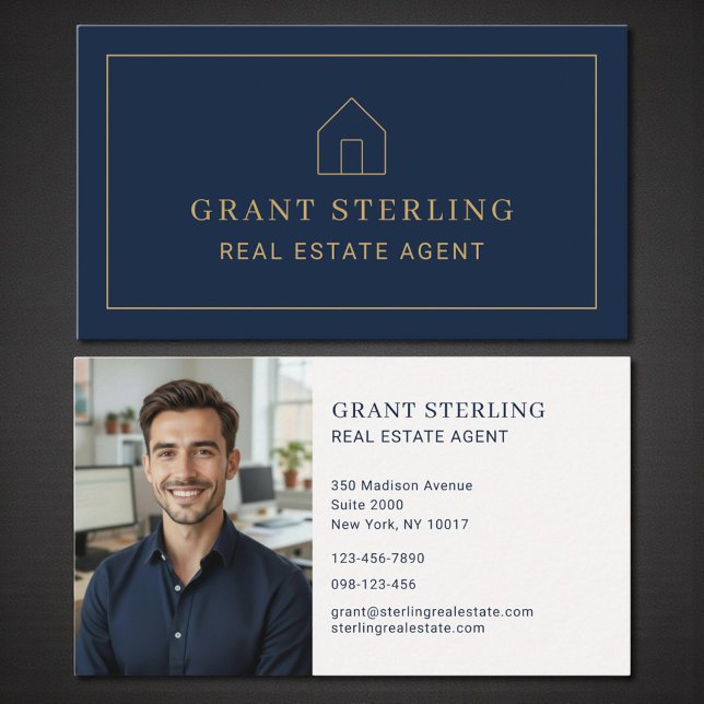 Tarjeta De Visita Navy Blue Gold Real Estate Agent Photo (Subido por el creador)
