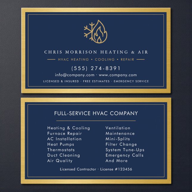 Tarjeta De Visita Navy Blue HVAC Company QR Code Gold Metallic (Subido por el creador)