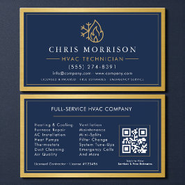 Tarjeta De Visita Navy Blue HVAC Contractor QR Code Gold Metallic