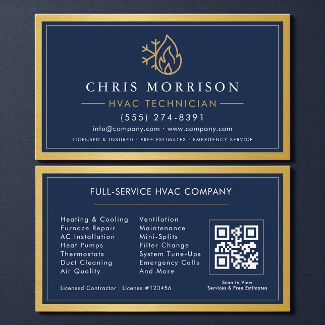 Tarjeta De Visita Navy Blue HVAC Contractor QR Code Gold Metallic (Subido por el creador)