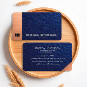 Tarjeta de visita Navy Blue Leather & Copper Luxe