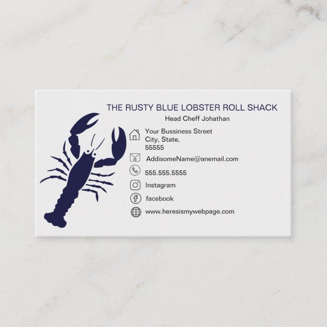 Tarjeta De Visita NAVY Blue Lobster Seafood Black Simple Nautical (Anverso)