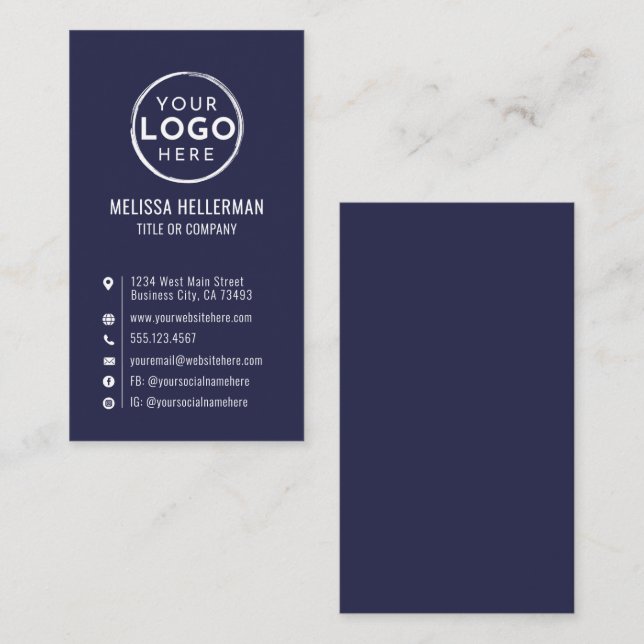 Tarjeta De Visita Navy Blue Logo Minimal Modern Vertical (Anverso / Reverso)