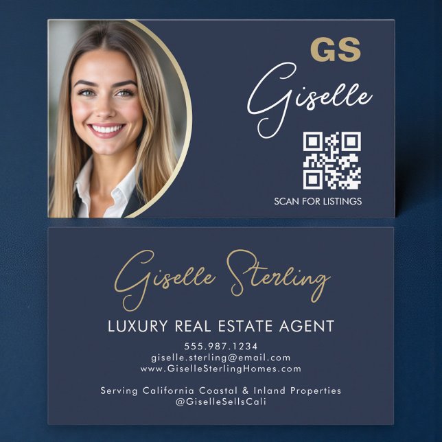 Tarjeta De Visita Navy Blue Luxury Real Estate Agent QR Code Photo  (Subido por el creador)