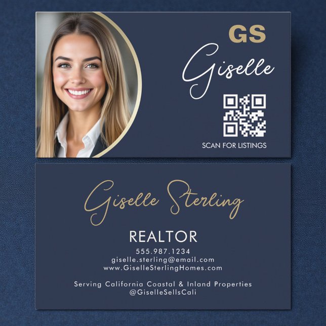 Tarjeta De Visita Navy Blue Luxury Realtor QR Code Photo  (Subido por el creador)