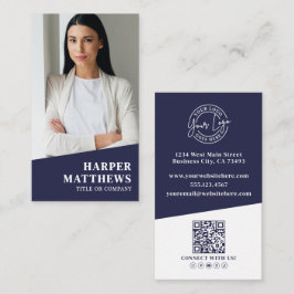 Tarjeta De Visita Navy Blue Photo QR Code Logo Vertical