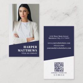 Tarjeta De Visita Navy Blue Photo QR Code Vertical