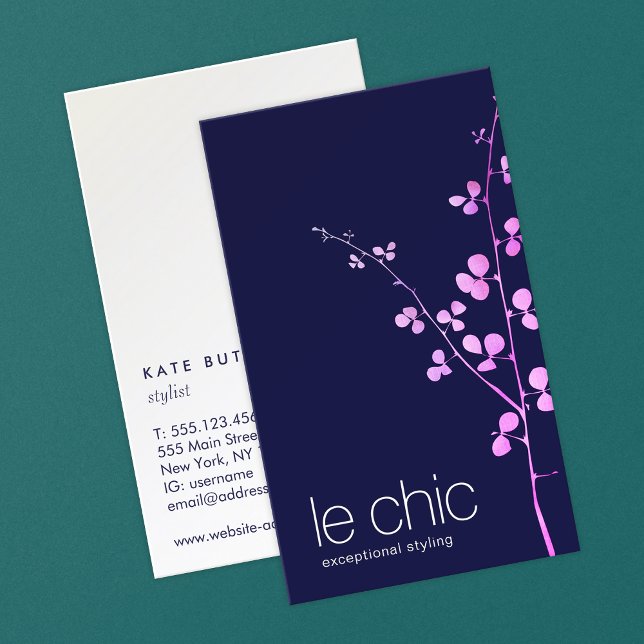 Tarjeta De Visita Navy Blue Pink  Leaves Branch Business Card (Subido por el creador)