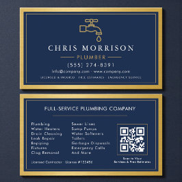 Tarjeta De Visita Navy Blue Plumber Contractor QR Code Gold Metallic