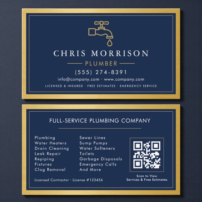 Tarjeta De Visita Navy Blue Plumber Contractor QR Code Gold Metallic (Subido por el creador)